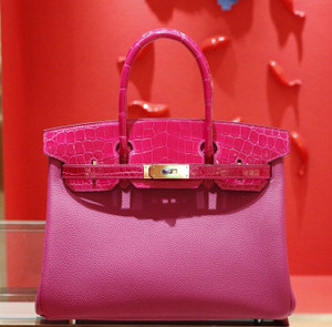 Hermes Birkin Touch 30 J5 Rose Sheherzade Shiny Niloticus Crocodile & Magnolia Togo leather with Gold Hardware