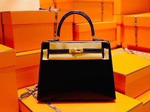 Hermès Special Order Black/ Blue  Electric Kelly 28 Box Leather  Gold Hardware with crocodile handle