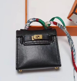 Hermes Tadelakt Mini Kelly Twilly Bag Charm Black with Gold Hardware