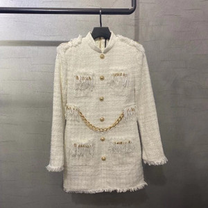 BALMAIN Short white tweed dress with gold-tone buttons and chains