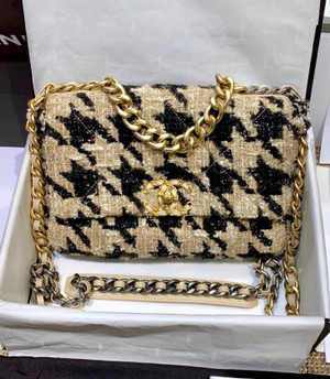 CHANEL 19K HOUNDSTOOTH TWEED 19 SMALL BEIGE/BLACK
