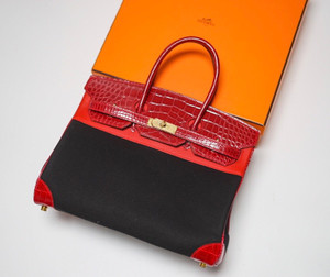 Hermes Birkin Touch 35 Red Shiny Niloticus Crocodile & Red Epsom leather / Black Toile with Gold Hardware