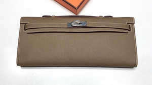 HERMES KELLY CUT CLUTCH BAG ETOUPE EPSOM PALLADIUM HARDWARE