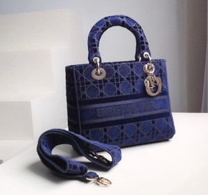 Christian Dior MEDIUM LADY D-LITE BAG Blue Cannage Embroidered Velvet