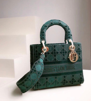 Christian Dior MEDIUM LADY D-LITE BAG Green Cannage Embroidered Velvet