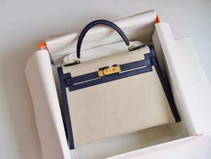 Hermes Navy Kelly Bag 32 cm Epsom & Toile Canvas Gold Hardware