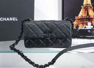 Chanel Small Grained Calfskin Lacquered Logo Flap Bag Black