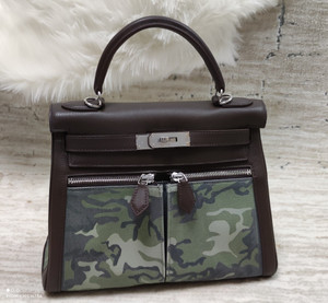 Hermes LIMITED EDITION BROWN SWIFT LEATHER & TOILE CAMOUFLAGE LAKIS KELLY 28 WITH PALLADIUM HARDWARE