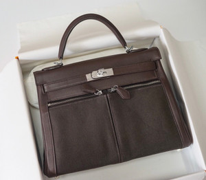 Hermes LIMITED EDITION EBENE SWIFT LEATHER & TOILE LAKIS KELLY 32 WITH PALLADIUM HARDWARE