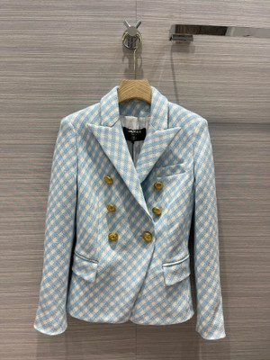 Balmain White and pale blue gingham print tweed jacket