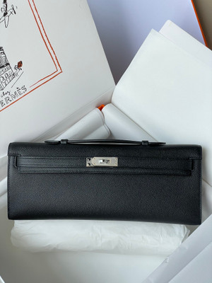 HERMES KELLY CUT CLUTCH BAG BLACK EPSOM PALLADIUM HARDWARE