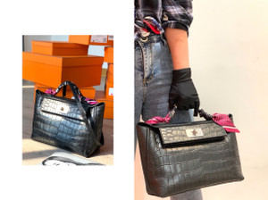 Hermes Kelly 24/24 Black Nilo Crocodile  with Palladium Hardware