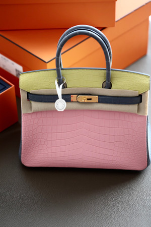 Hermes Special Order Tri Colour Rose Sakura/Jaune Poussin/Blue Lin  Birkin 30 in Niloticus Crocodile with Gold hardware