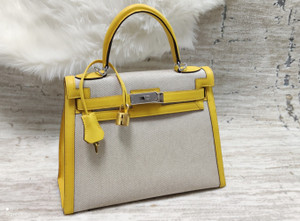 Hermès Kelly Sellier 25 Toile and Jaune de Naples Swift Gold Hardware
