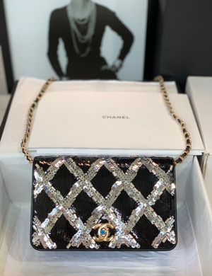Chanel Limited Edition Embroidered Satin WALLET ON CHAIN BLACK