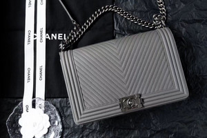 Chanel Grey Medium Chevron Boy Bag 28cm