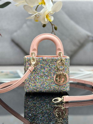Christian Dior MINI LADY DIOR BAG Square-Motif Embroidery Set with multicolored Strass and White Round Beads