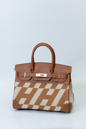 Hermes BIRKIN 35 GOLD COURCHEVEL WITH PAINTED ULYSSES TOILE CANVAS & GOLD HARDWARE