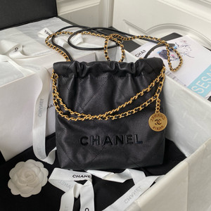 CHANEL 22 MINI HANDBAG BLACK LOGO BLACK CALFSKIN SS2024