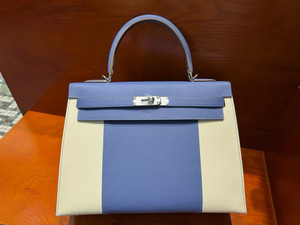 Hermès Special Order Craie/ Blue Agate Horseshoe  Kelly 32  Epsom Palladium Hardware
