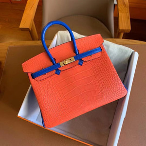 Hermes Special Order Birkin 25cm Matte Alligator Orange / Blu Electric with Gold hardware