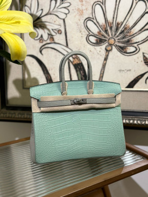 Hermès Shinny Mint/Grey Alligator Birkin  25cm Palladium Hardware