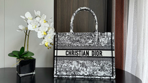Christian Dior Medium Dior Book Tote  White and Black Paris Allover Embroidery