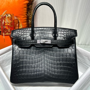HERMES SHINY BLACK POROSUS CROCODILE DIAMOND BIRKIN 30 WITH 18K WHITE GOLD & DIAMOND HARDWARE