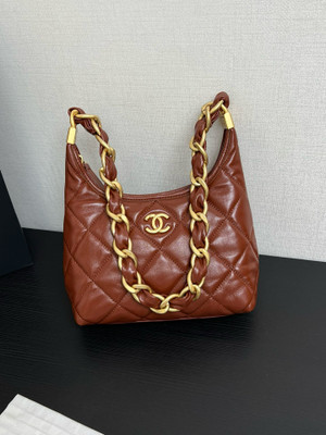 CHANEL SMALL HOBO BAG Brown Shiny Lambskin