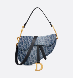 Christian Dior Saddle Bag with Strap  Blue Denim Dior Oblique Jacquard
