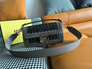 FENDI Interlaced Leather Baguette Bag Black