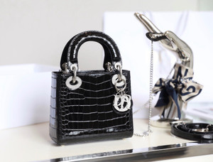 Christian Dior Lady Dior Mini Crocodile Silver Hardware with Crystals Black