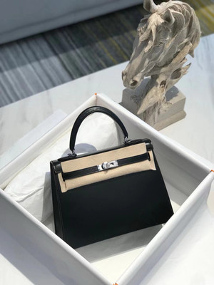 Hermès Black Kelly Sellier 25 Box Leather Palladium Hardware