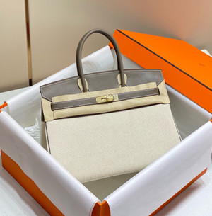 HERMÈS Toile Birkin 35 with Etoupe Swift Leather