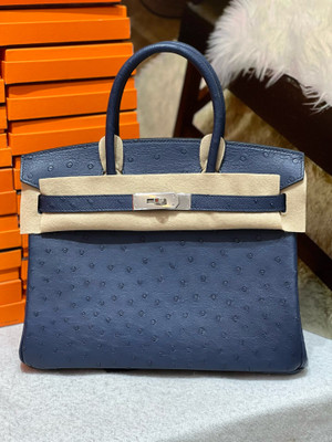 Hermes Navy Birkin Bag 30cm KK Ostrich Leather Palladium Hardware