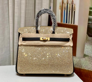 HERMÈS 25CM BIRKIN CUSTOMIZED SWAROVSKI CRYSTAL GOLD HARDWARE WITH GOLD AND BLACK SWIFT LEATHER