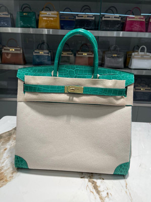 HERMÈS BIRKIN 40 BAMBOO MATTE POROSUS CROCODILE & TOILE BRUSHED PALLADIUM HARDWARE