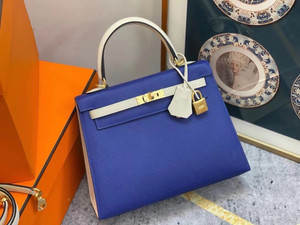 Hermes Special Order Horseshoe Blue Electric/Craie  Kelly 25 cm Epsom Gold Hardware