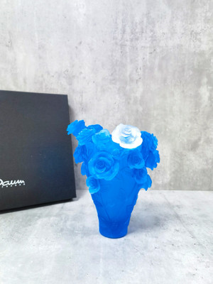 Daum Rose Passion Vase in Sky Blue with White Flower 375 ex
