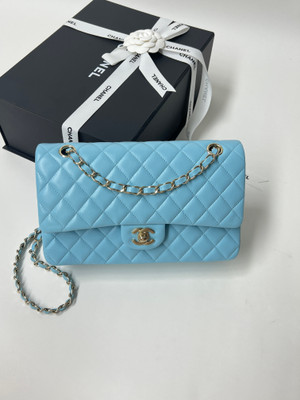 CHANEL Tiffany Blue Lambskin Leather Classic Double Flap 2.55 Shoulder Bag With Gold Hardware