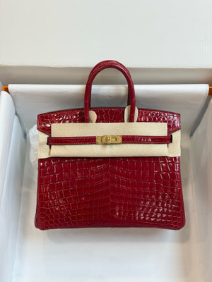 Hermès Sellier Birkin 25 Rough Grenat Shiny Crocodile Niloticus Gold Hardware