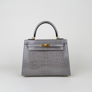 Hermes  Gris Ciment  Alligator KELLY 25 WITH GOLD HARDWARE