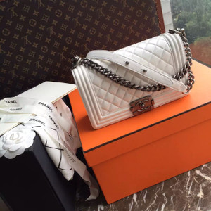 CHANEL White Quilted Leather LE BOY with Silver HW