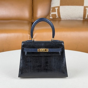 Hermès Mini Kelly II 20 Sellier in Black Shiny Lizard and Bleu Sapphire Touch Gold Hardware
