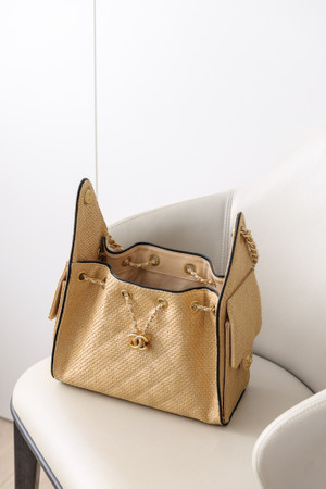 CHANEL 25 Mini Handbag   Braided Raffia, Calfskin & Gold-Tone Metal  Beige & Black