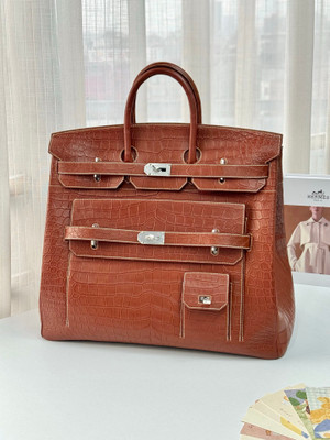 Hermès Haut à Courroies 50 Golden Brown Nile Crocodile Silver Hardware