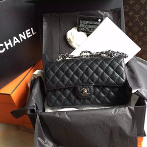 CHANEL Classic Flap Bag Black Caviar Leather with Silver HW Medium A01112