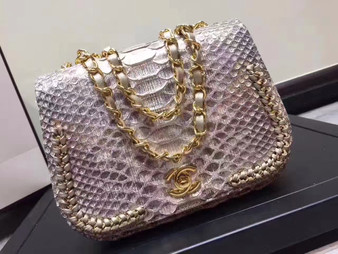 Chanel Flap Bag With Top Handle Python & Gold Metal Brown & White