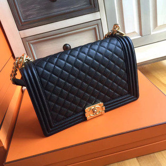 CHANEL Calfskin Black Large 28cm Boy Bag with Gold Hardware