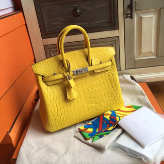 Hermes Soleil Yellow Birkin Bag 25cm KK Niloticus Crocodile Leather Palladium Hardware